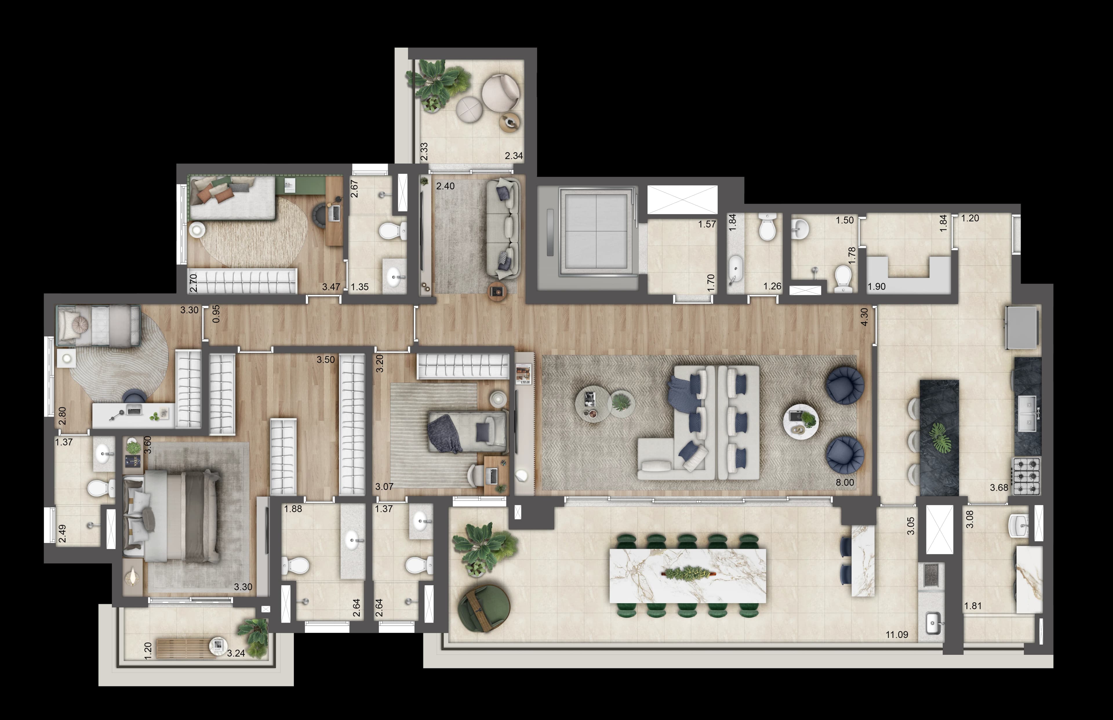 Planta de Torre D - 223m² - Jardim da Hípica