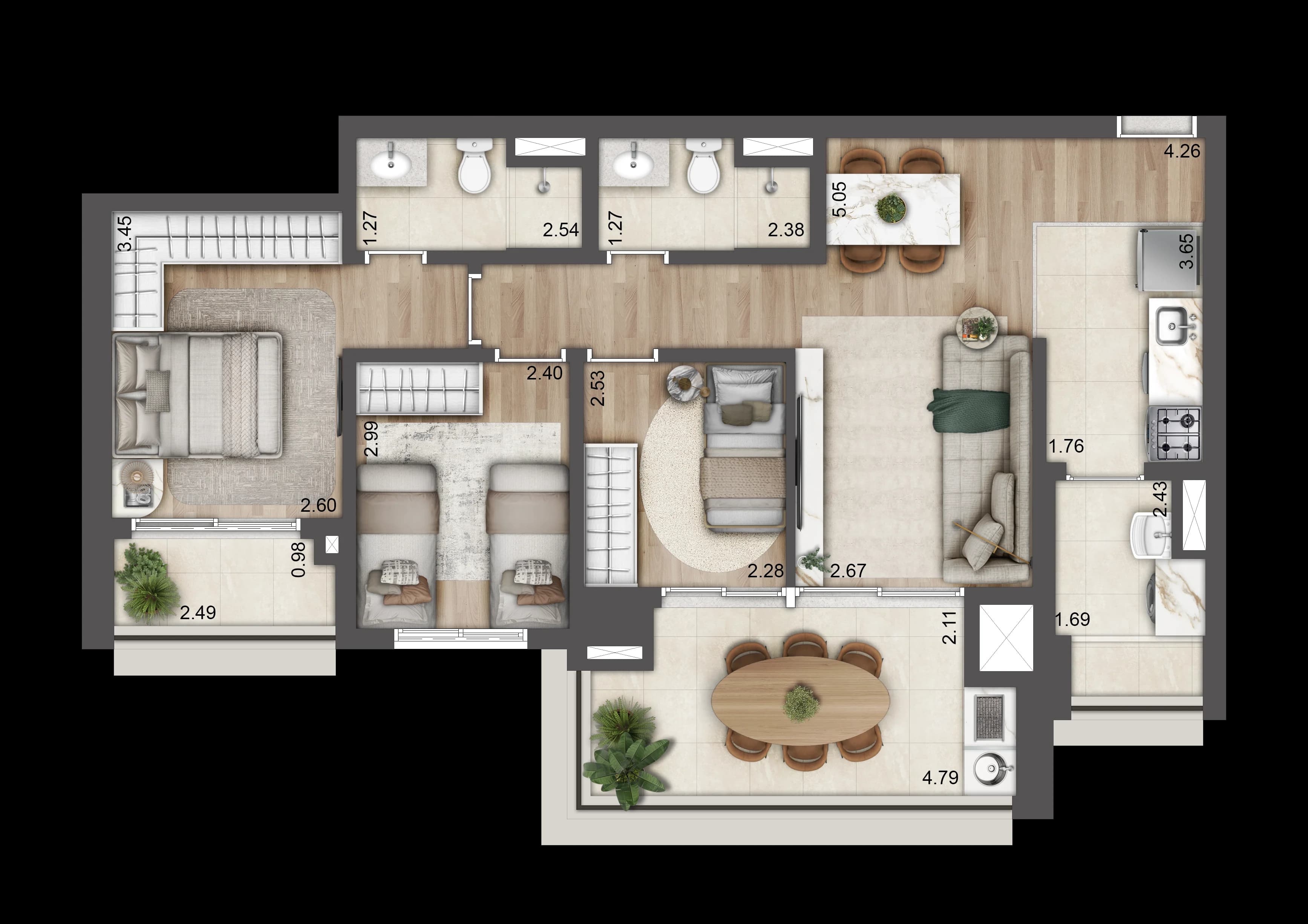 Planta de Torre B - 84m² - Jardim da Hípica